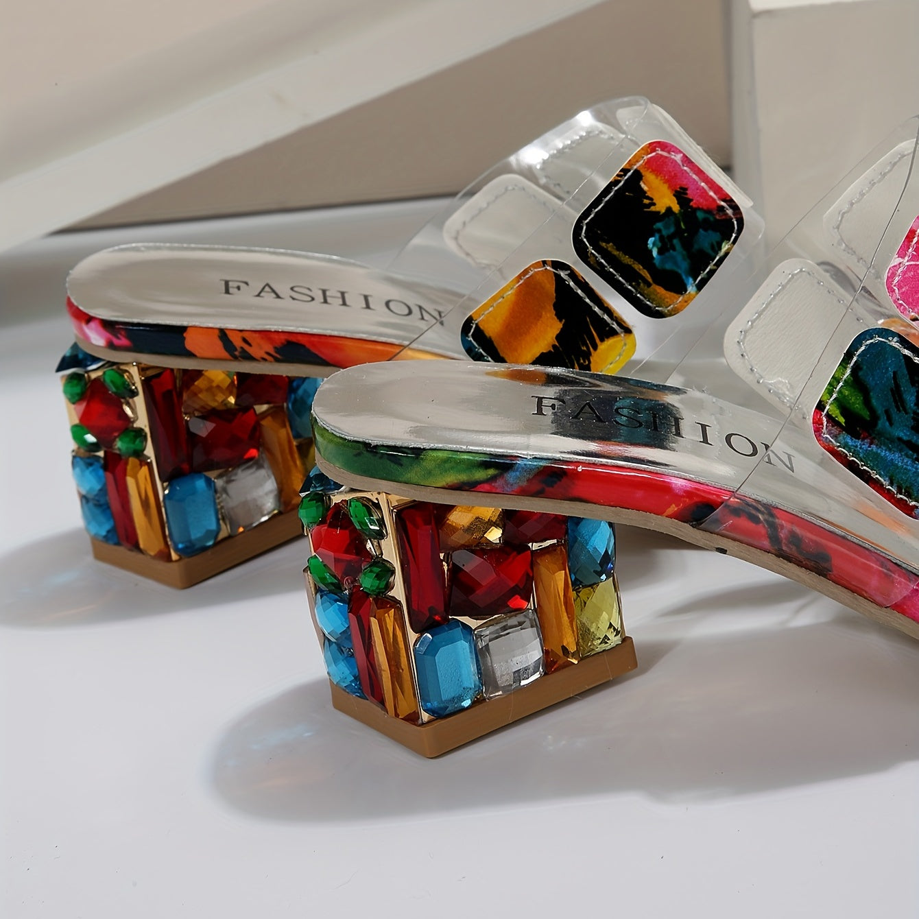 Women's Chunky Heeled Sandals Rhinestone Slip On Daily Wear