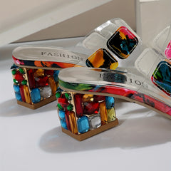 Women's Chunky Heeled Sandals Rhinestone Slip On Daily Wear