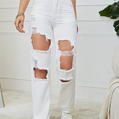 Distressed Wide Leg Denim Pants High Waist Slash Pockets Jeans