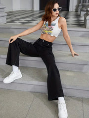 High Rise Solid Loose Denim Cargo Pants