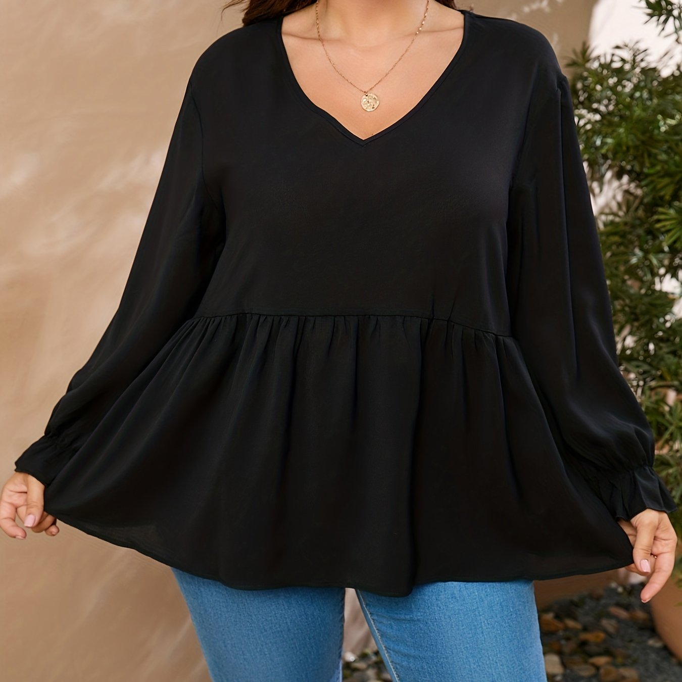 V Neck Ruffle Trim Long Sleeve Blouse