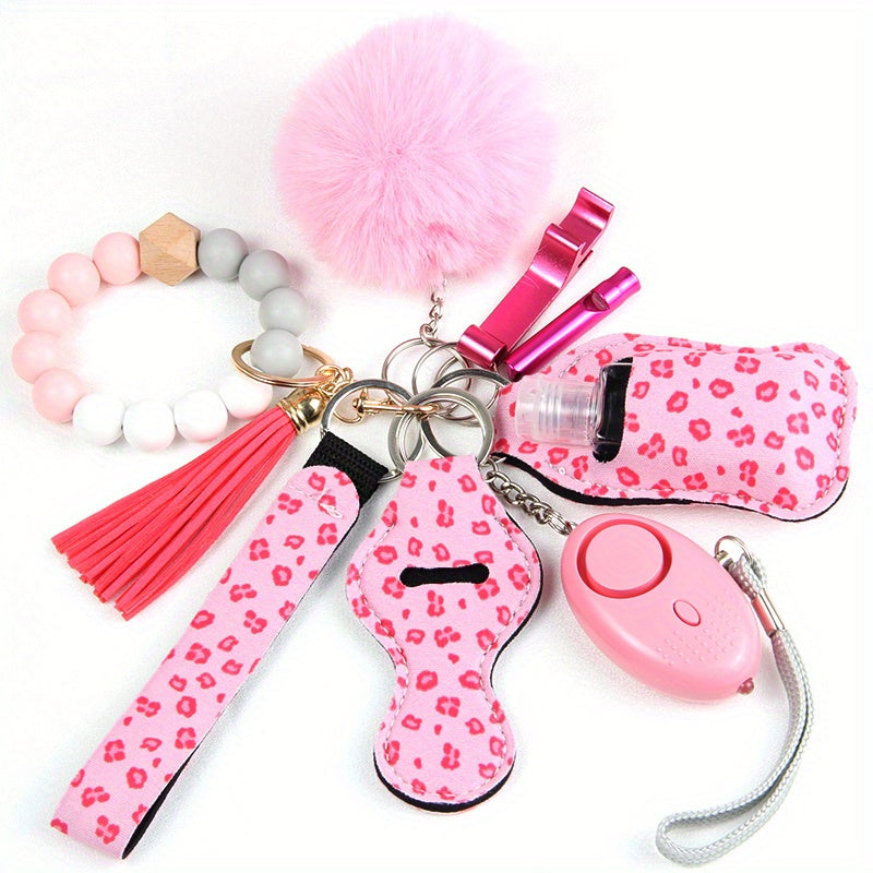 9Pcs Safety Keychain Set Women Alarm Silicone Bracelet Tassel Pompom