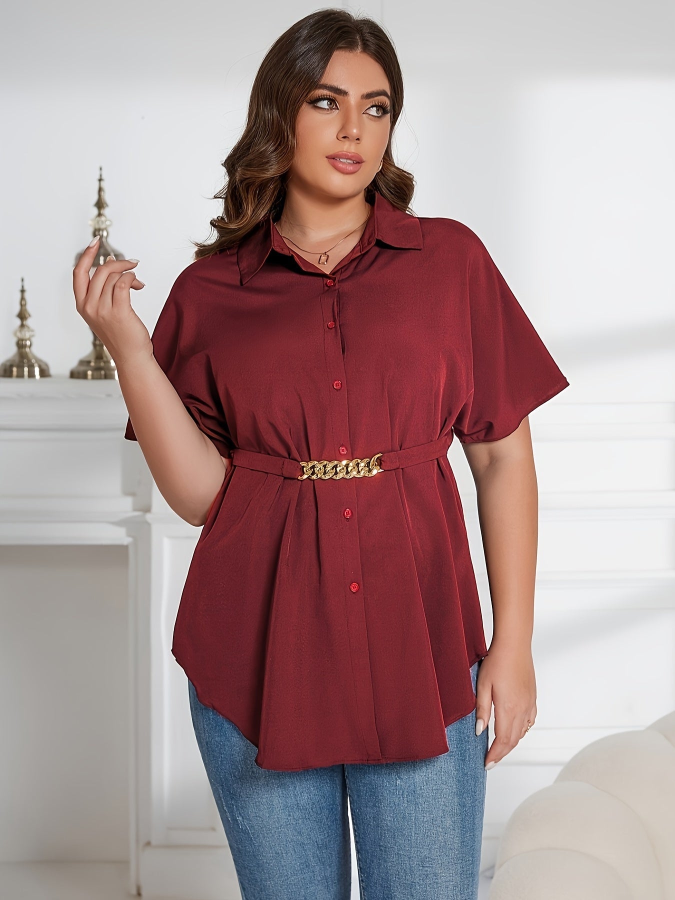 Solid Button Up Batwing Sleeve Tunic Shirt Top