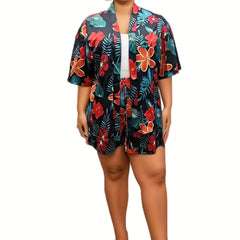 Women's Plus Tropical Print Robe & Shorts Set
