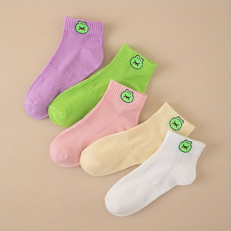 5 Pairs Frog Print Socks Low Cut Crew Women's Stockings
