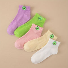 5 Pairs Frog Print Socks Low Cut Crew Women's Stockings