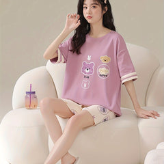 Bear Print Pajama Set Crew Neck Short Sleeve Top & Shorts