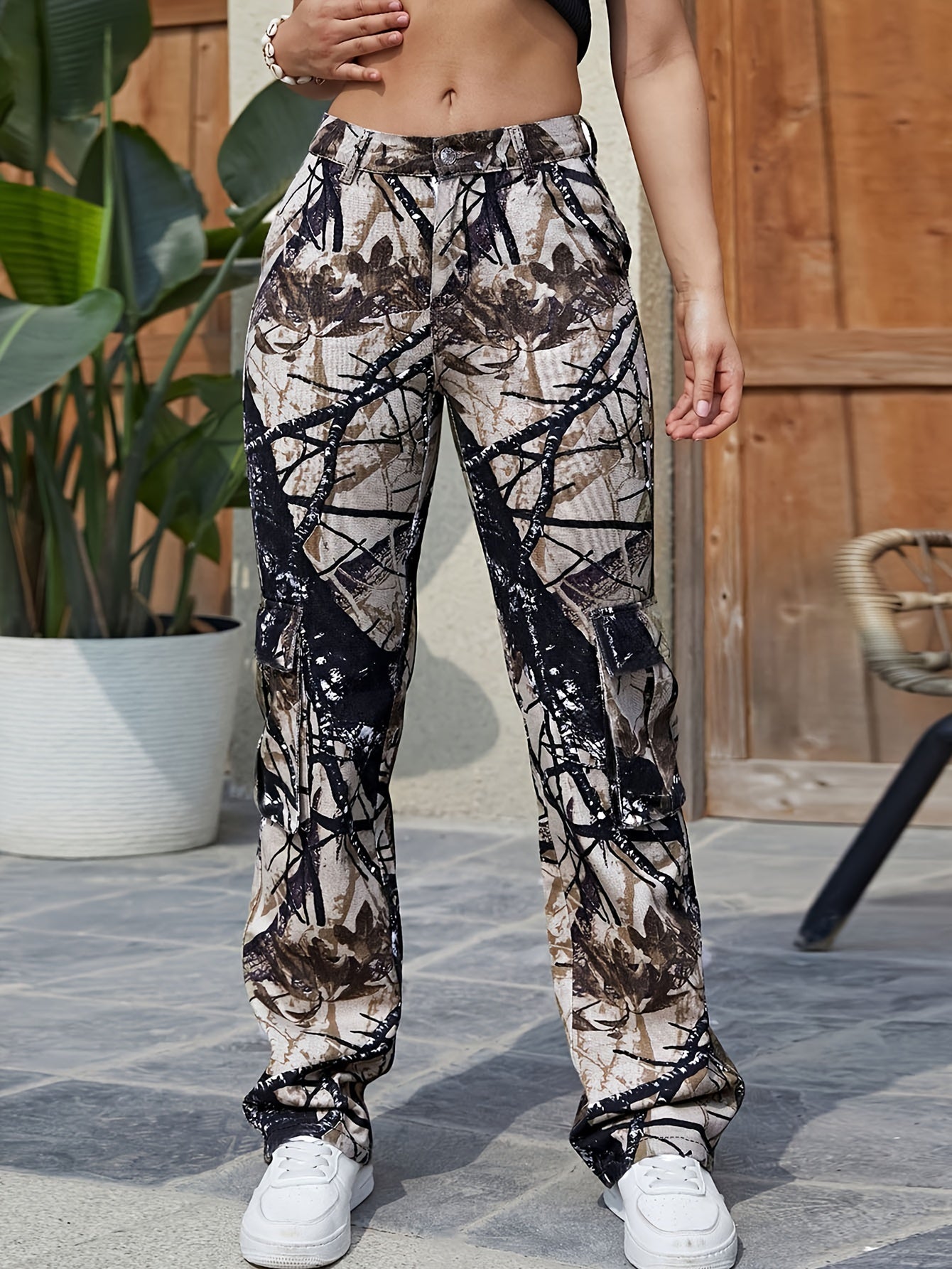 Women's All Over Print Cargo Pants Loose Fit Outdoor Sports Trousers