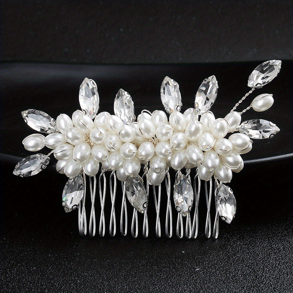 Faux Pearl Hair Comb Floral Rhinestone Alloy Hair Comb Hairpin for Girls Women