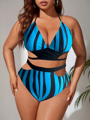 Striped Print Halter Bra & Panty Swimsuit Set
