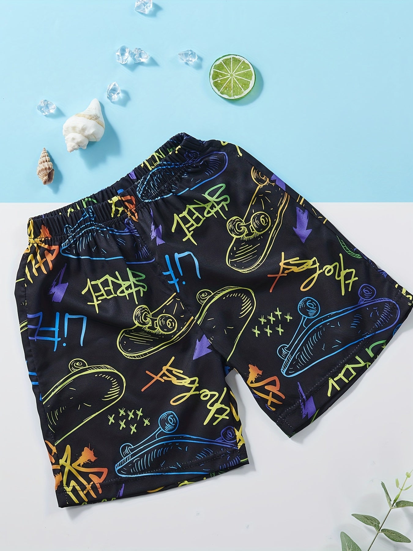 Boys Letter & Skateboard Print Shorts Soft Comfortable for Sum