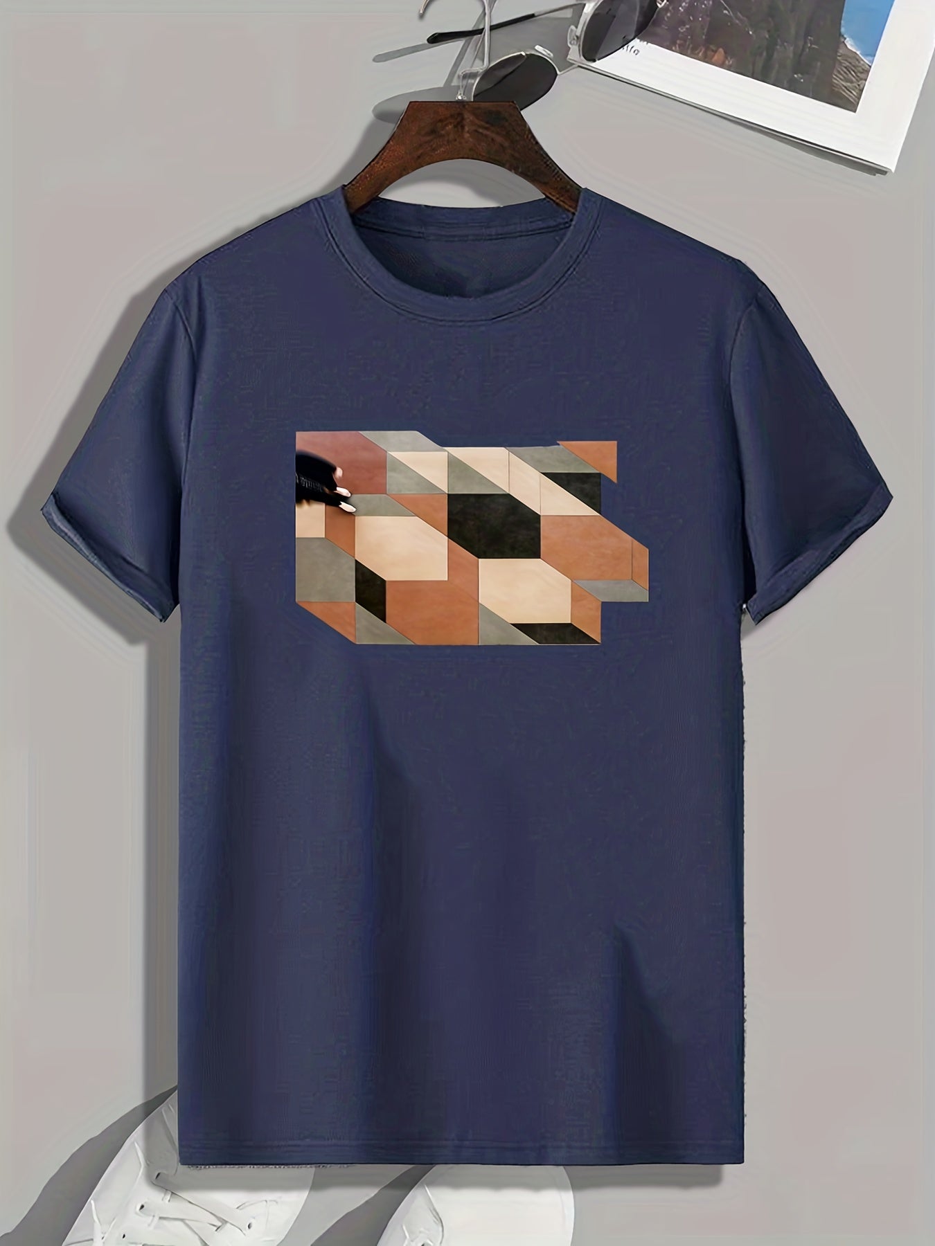 Cube Print Men's Comfy T Shirt Active Stretch Breathable Tee