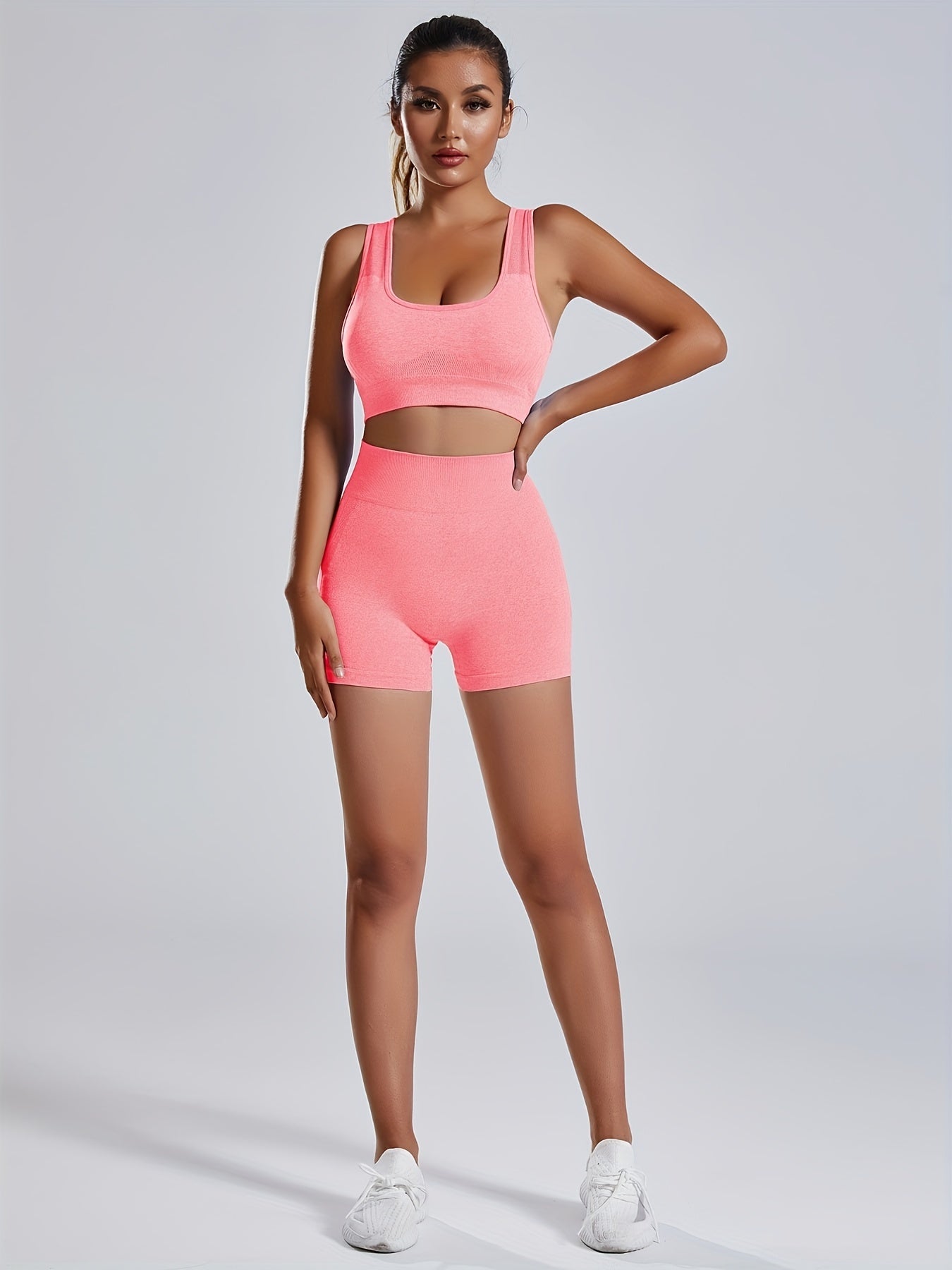 2pcs Hollow Back Sports Bra & High Waist Butt Lifting Yoga Workout Shorts