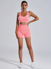 2pcs Hollow Back Sports Bra & High Waist Butt Lifting Yoga Workout Shorts