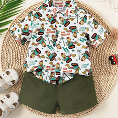 2pcs Baby Boys Cartoon Print Shirt & Shorts Set for Summer