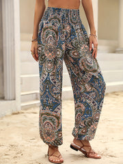 Paisley Print Shirred Waist Boho Jogger Pants Women's Clothing