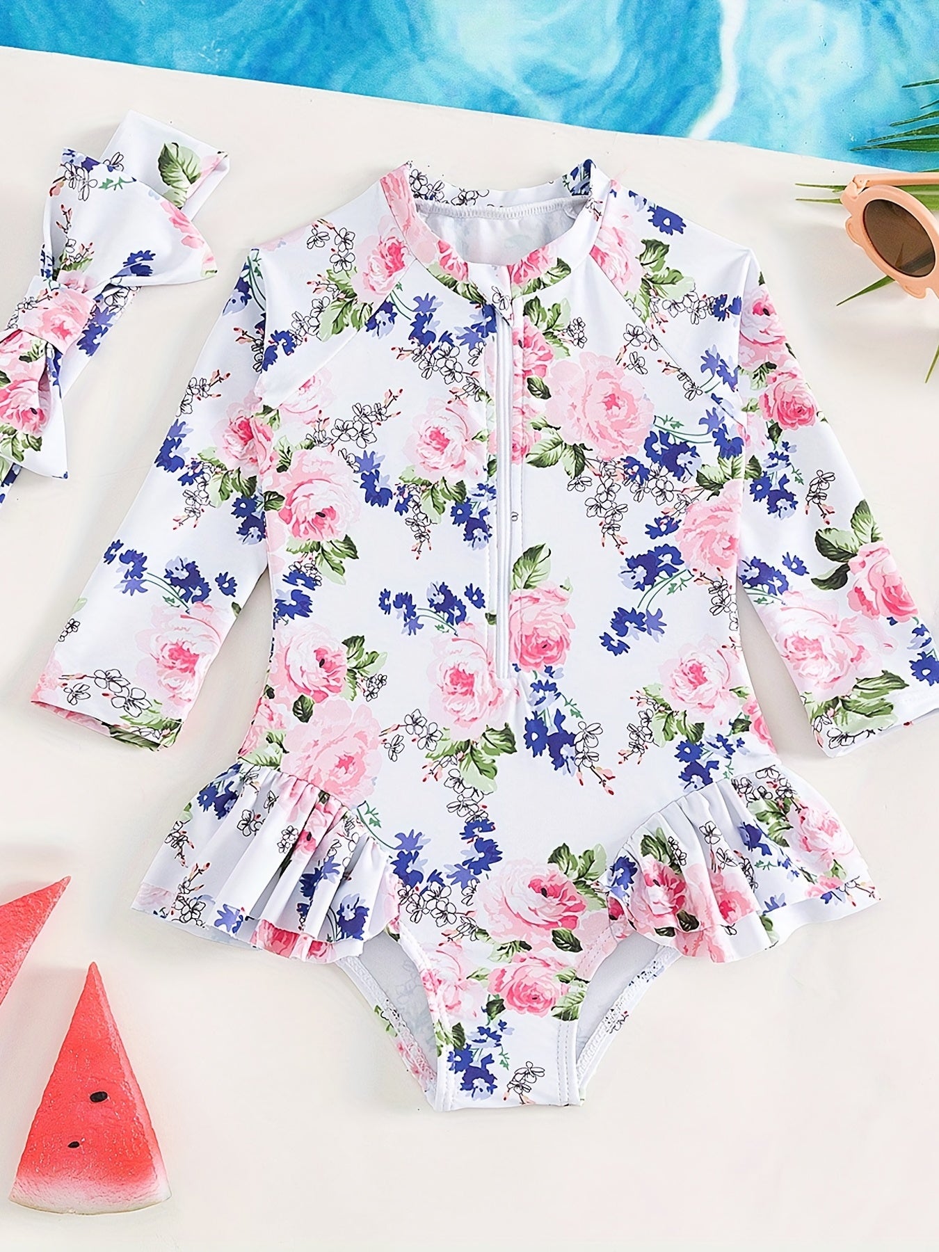 2pcs Toddlers Floral One Piece Swimsuit Set with Hair Band