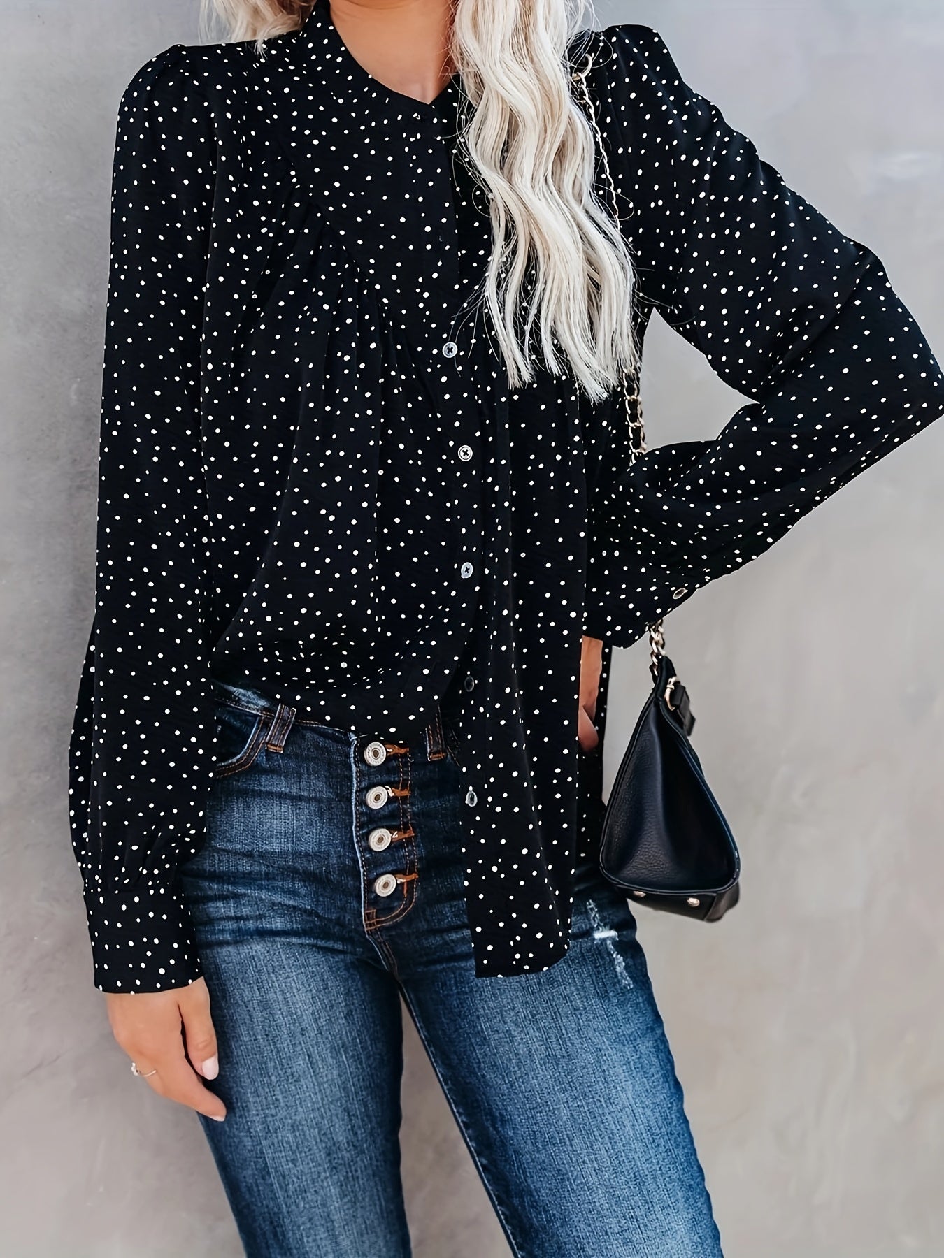 Boho Blouse Women's Plus Dot Print Button Up Long Sleeve