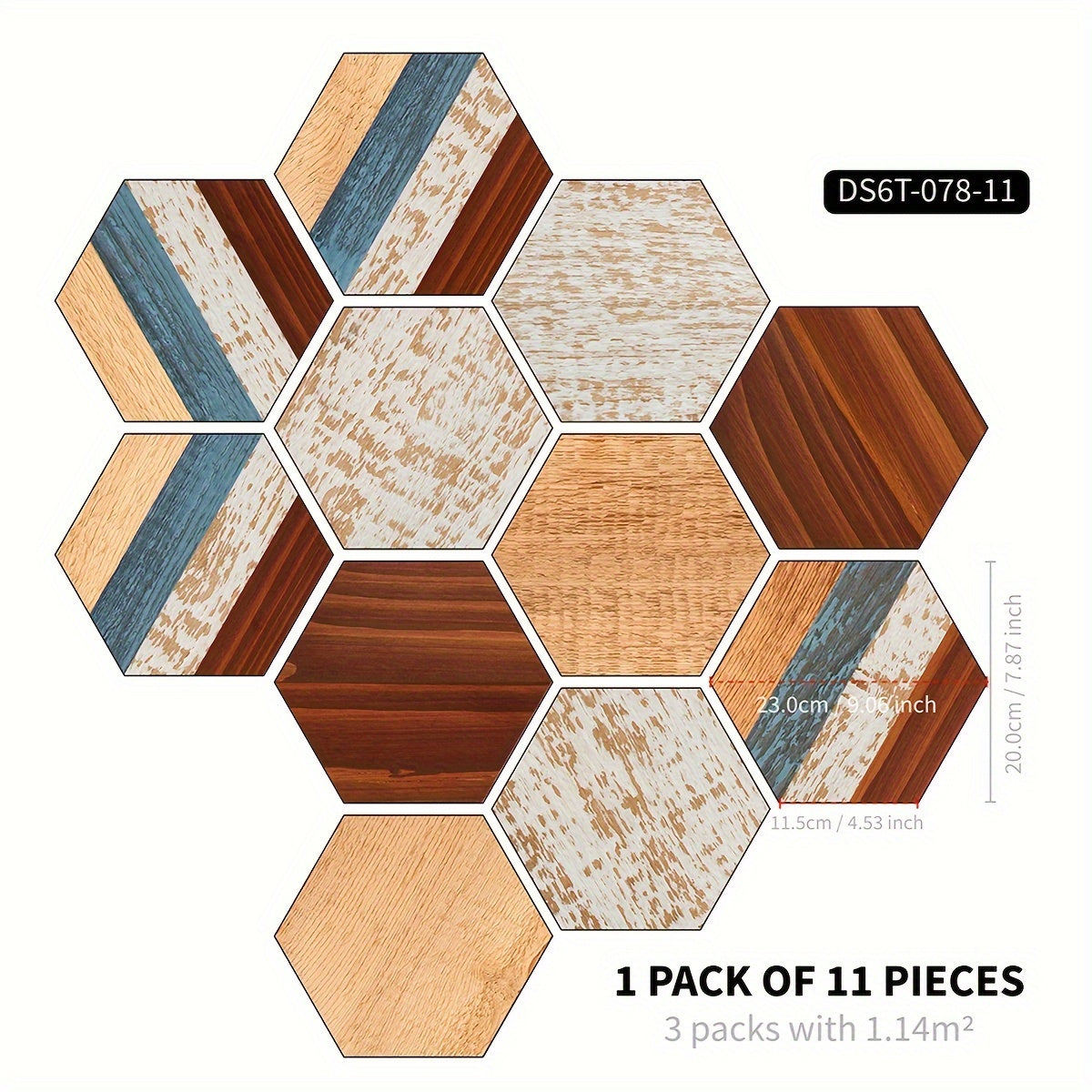 11pcs Wood Grain Pattern Hexagon Floor Stickers Waterproof Non-slip