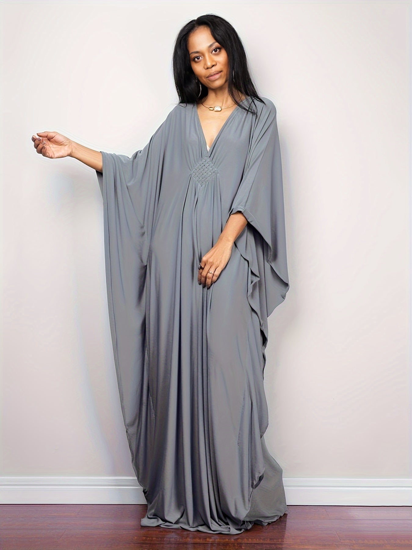Boho Cover Up Solid Batwing Sleeve V Neck Split Maxi Beach Dress