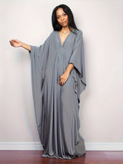 Boho Cover Up Solid Batwing Sleeve V Neck Split Maxi Beach Dress