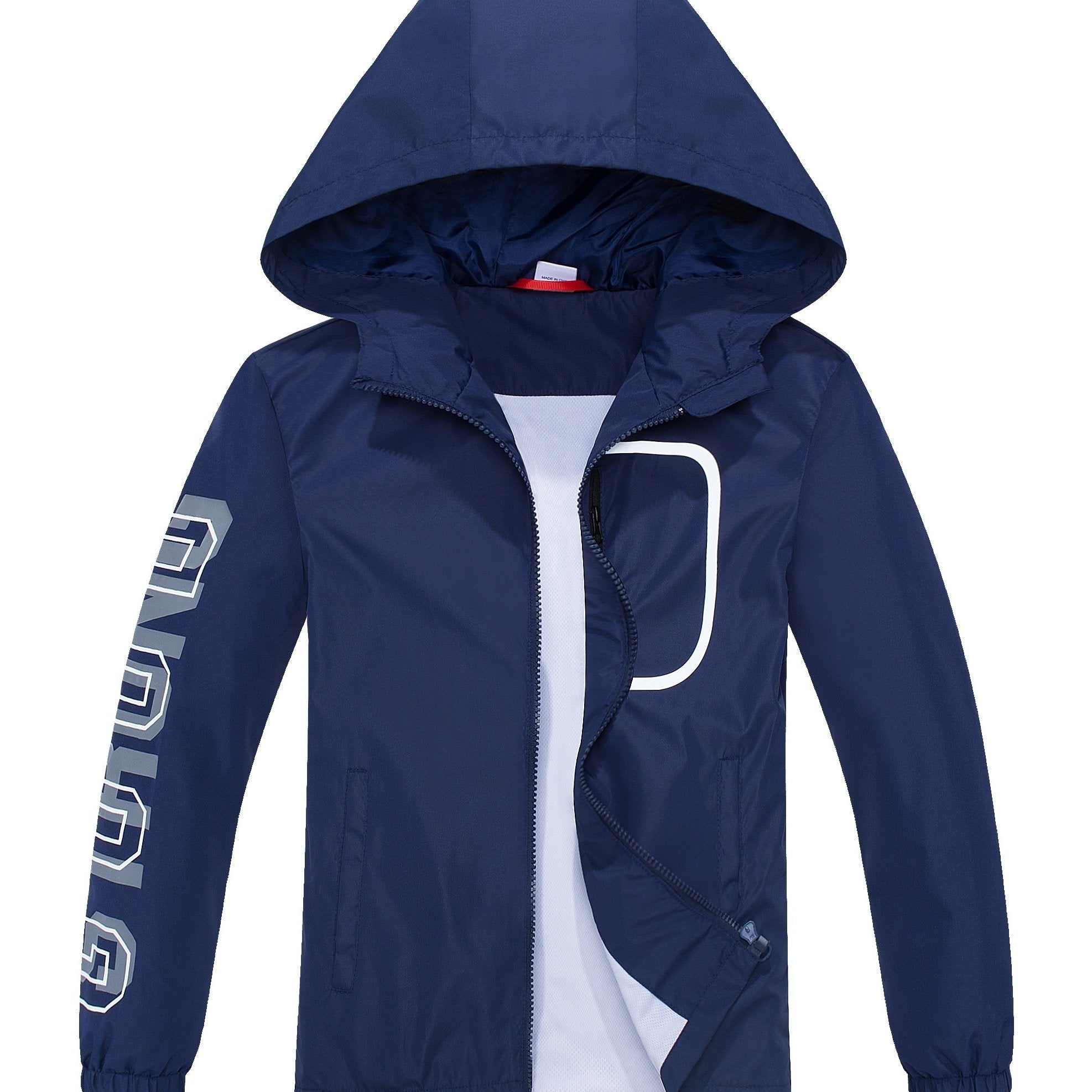 Boys Letter Zip Up Hooded Jacket Raincoat Windbreaker Outerwear Lightweight