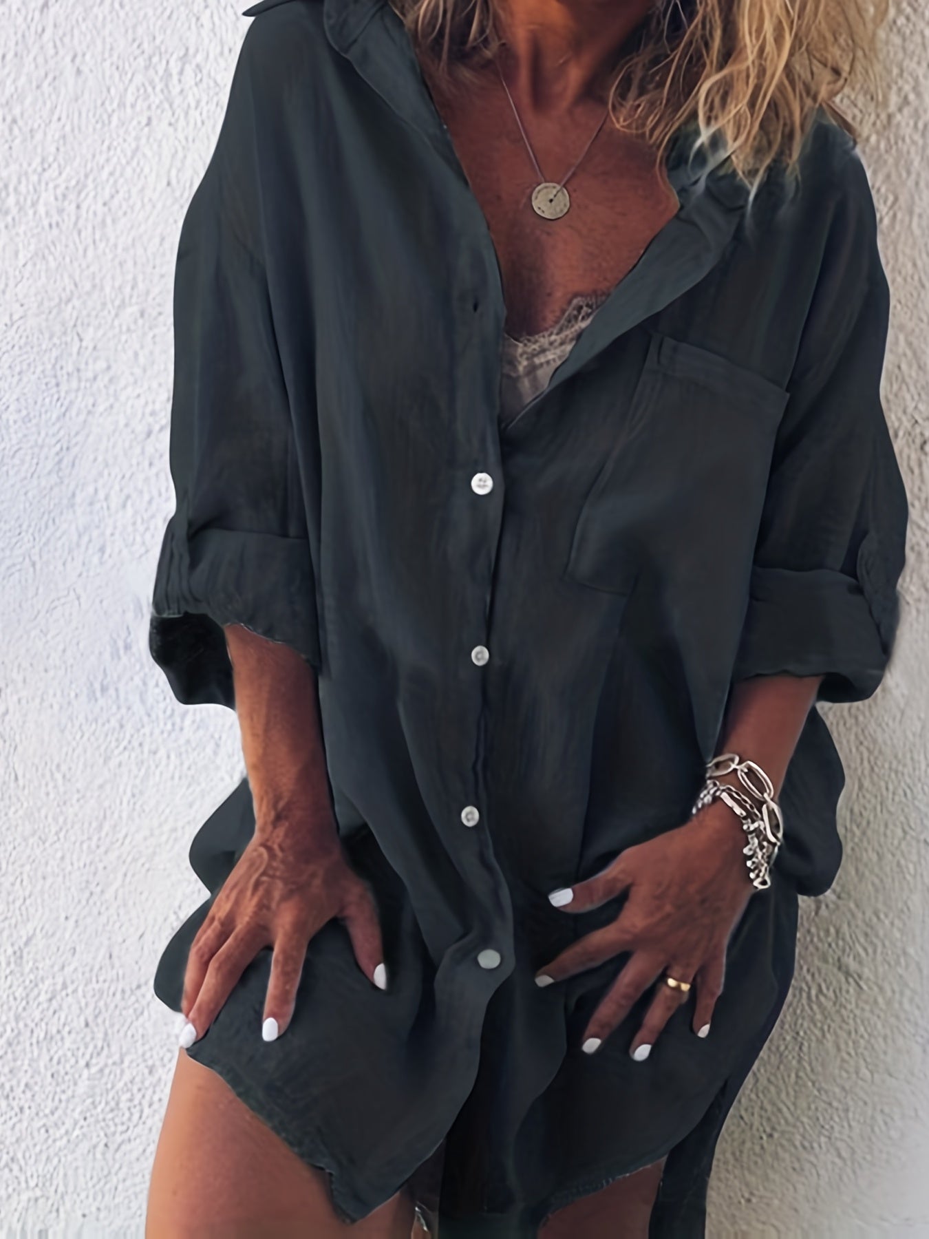 Casual Blouse Women's Solid Button Up Long Sleeve Tunic Shirt