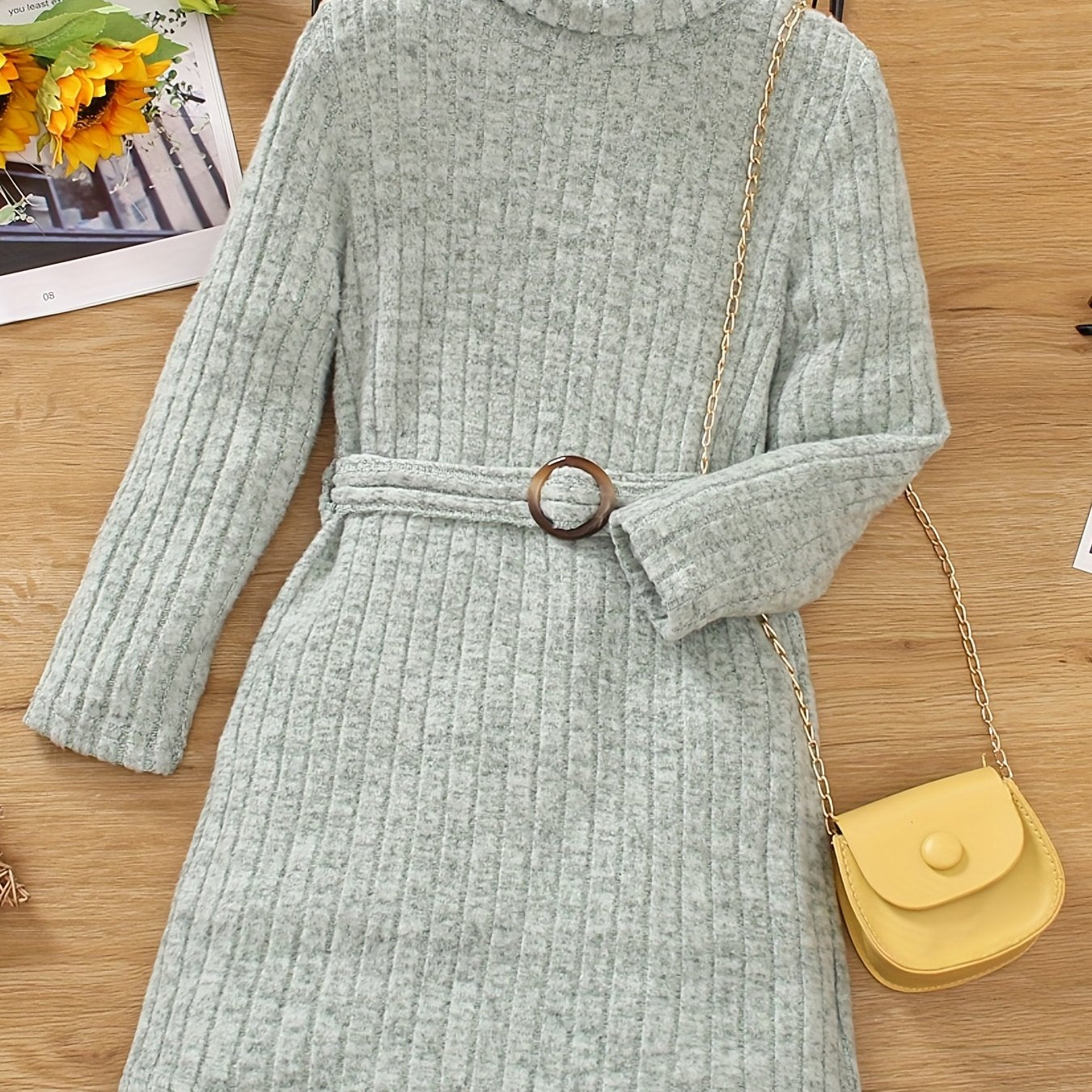 Toddler Girl Knitted Turtleneck Belted Sweater Dress