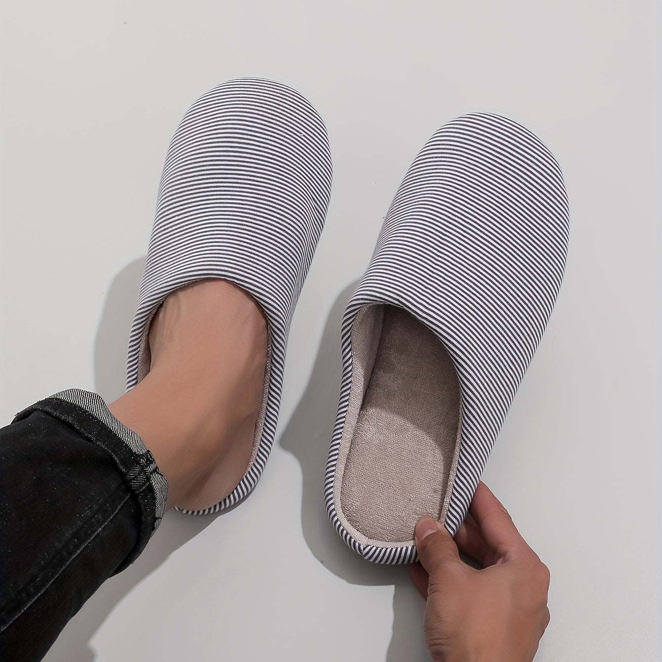 Cozy Striped House Slippers for Men Winter Shoes