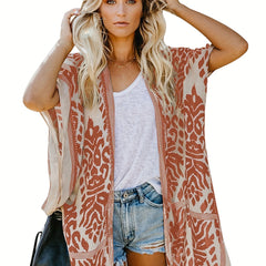 Graphic Print Pom Pom Trim Short Sleeve Cover Up
