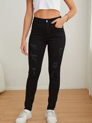 High Rise Ripped Skinny Jeans Solid Denim Pants