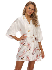 Crane Print Night Robe Long Sleeve V Neck Robe With Belt Women's Sleepwear
