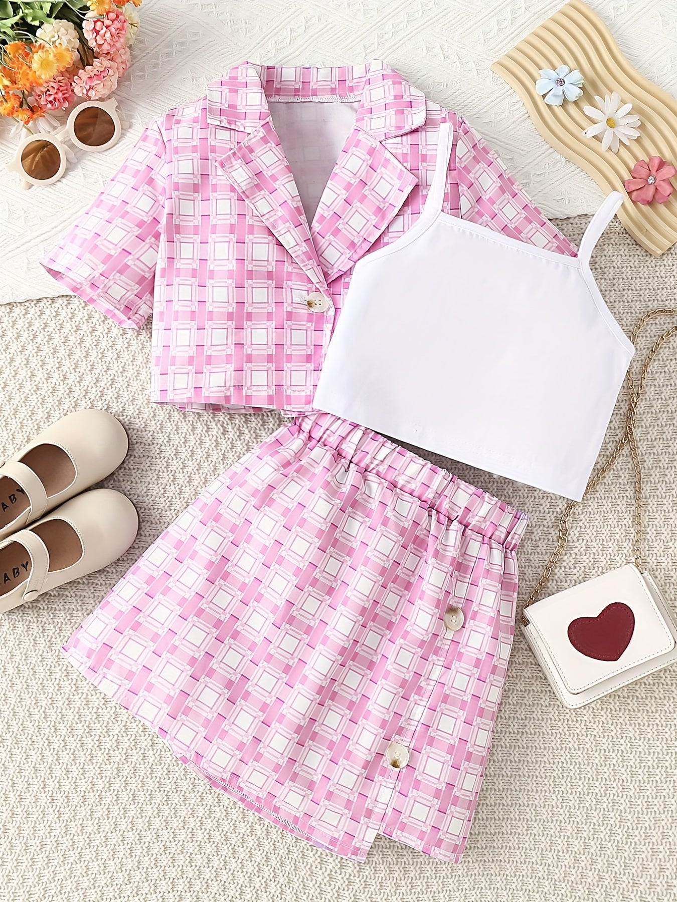 3pcs Girls Plaid Blazer Top Skirt Set for Vacation Casual Daily Kids Summer