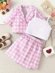 3pcs Girls Plaid Blazer Top Skirt Set for Vacation Casual Daily Kids Summer