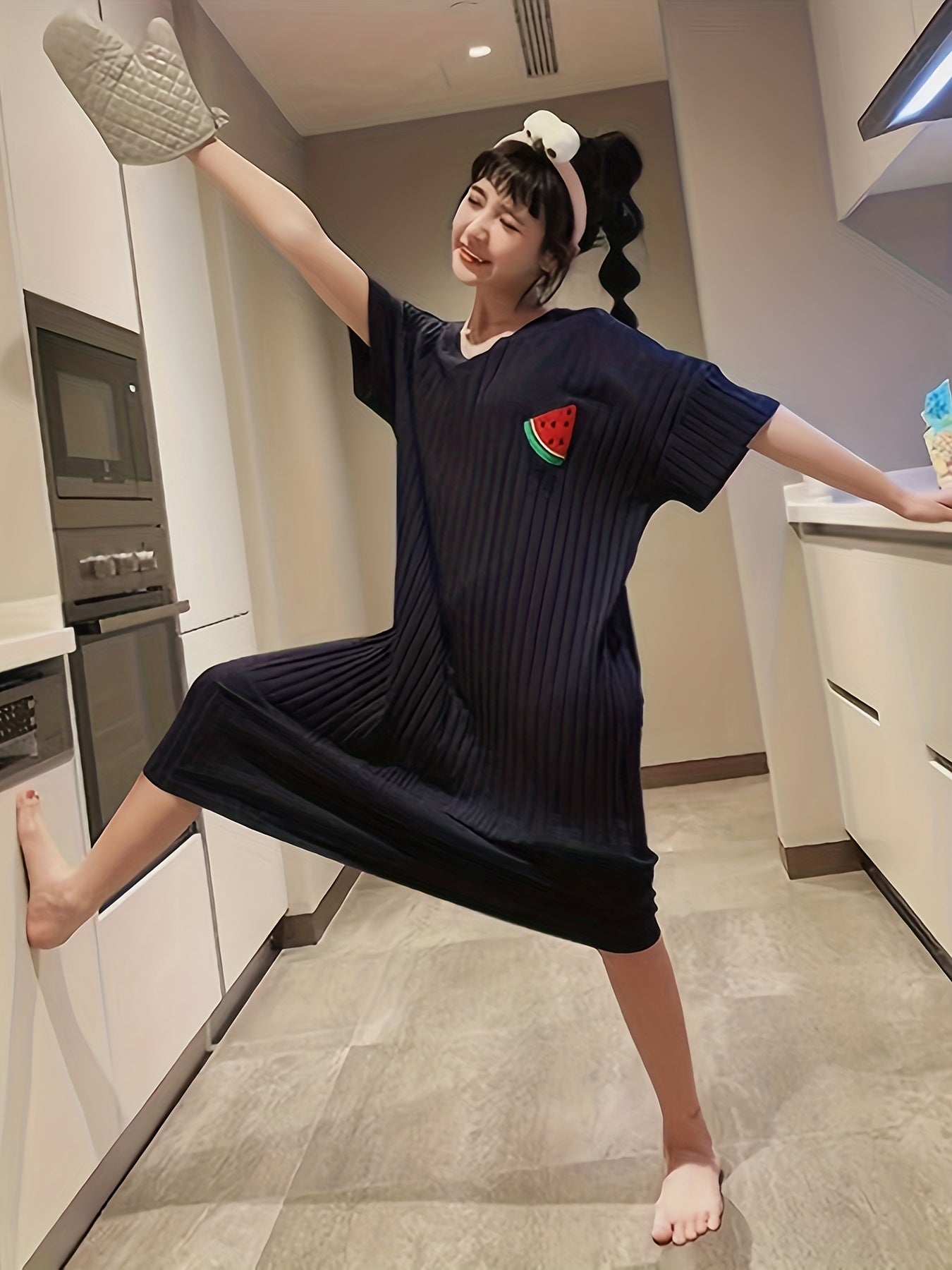 Watermelon Print Lounge Dress Soft & Comfy Short Sleeve Home Dress Women's Loung