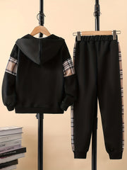 Boys Plaid Hooded Jacket & Patchwork Sweatpants Set