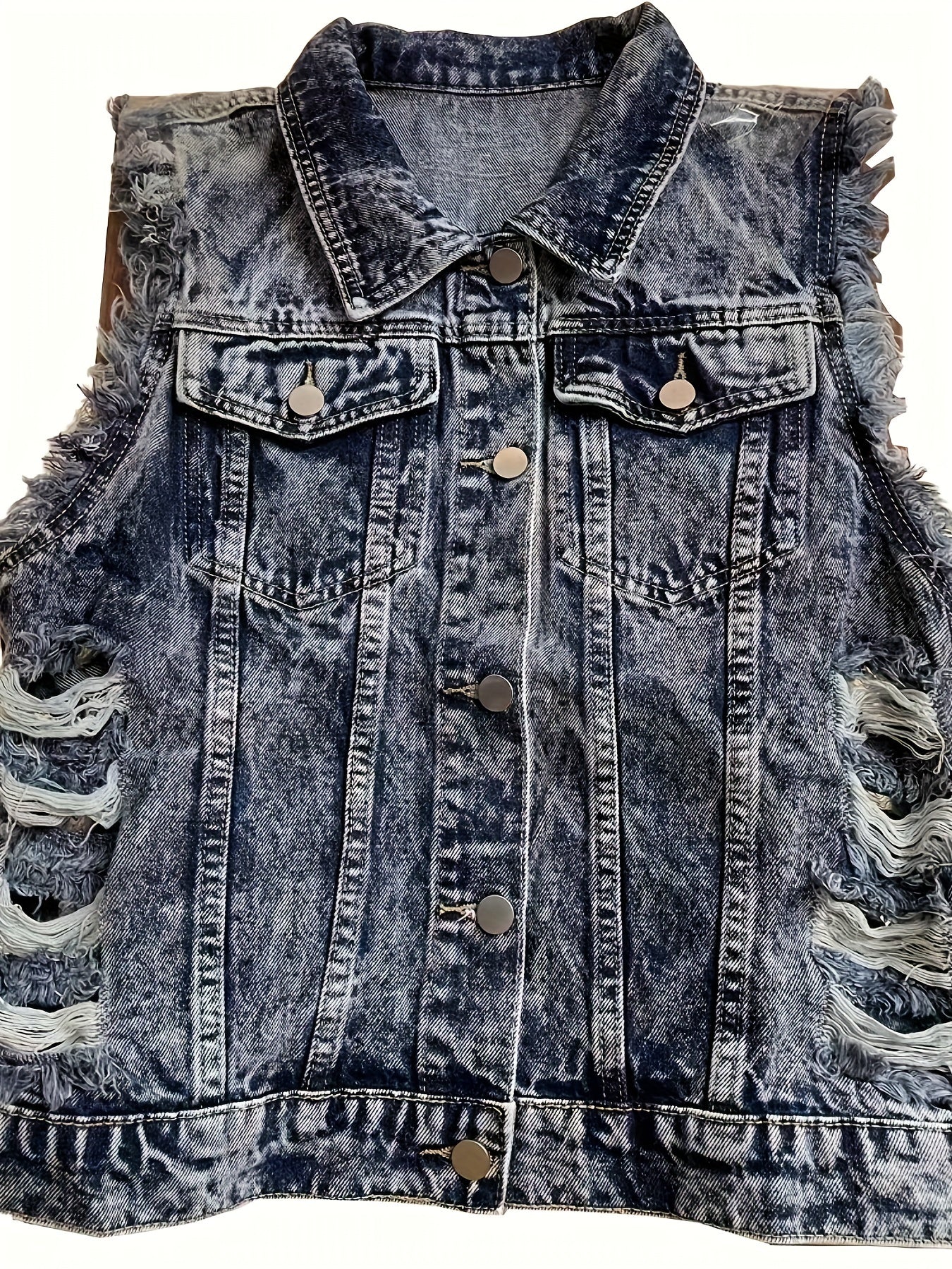 Print Denim Vest Ripped Holes Distressed Street Style Denim Jackets Women's