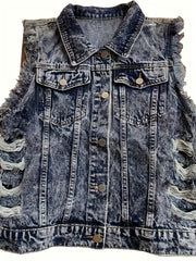 Print Denim Vest Ripped Holes Distressed Street Style Denim Jackets Women's