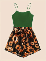 Spring & Summer 2pc Set Spaghetti Top & Floral Shorts Women's Clothing