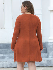 Solid Ribbed Button Long Sleeve V-Neck Mini Dress