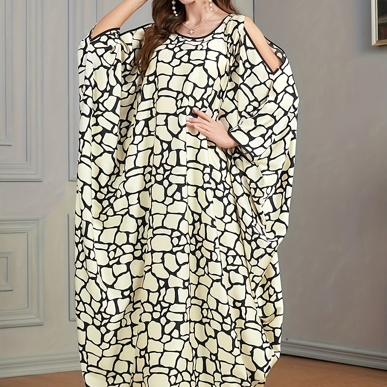 Plus Size Casual Kaftan Dress Women's Plus Allover Print Cold Shoulder