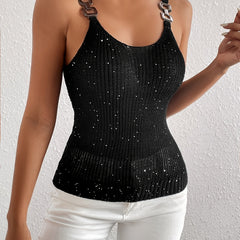 Chain Detail Ribbed Knit Top Sleeveless Crew Neck Casual Top