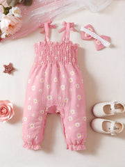 Baby Girls Off Shoulder Sleeveless Bib Pants Jumpsuit Headband Floral Printed