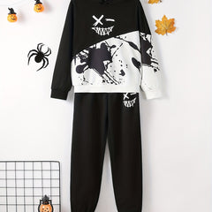 Boy's Funny Face Print Hoodie & Sweatpants Set