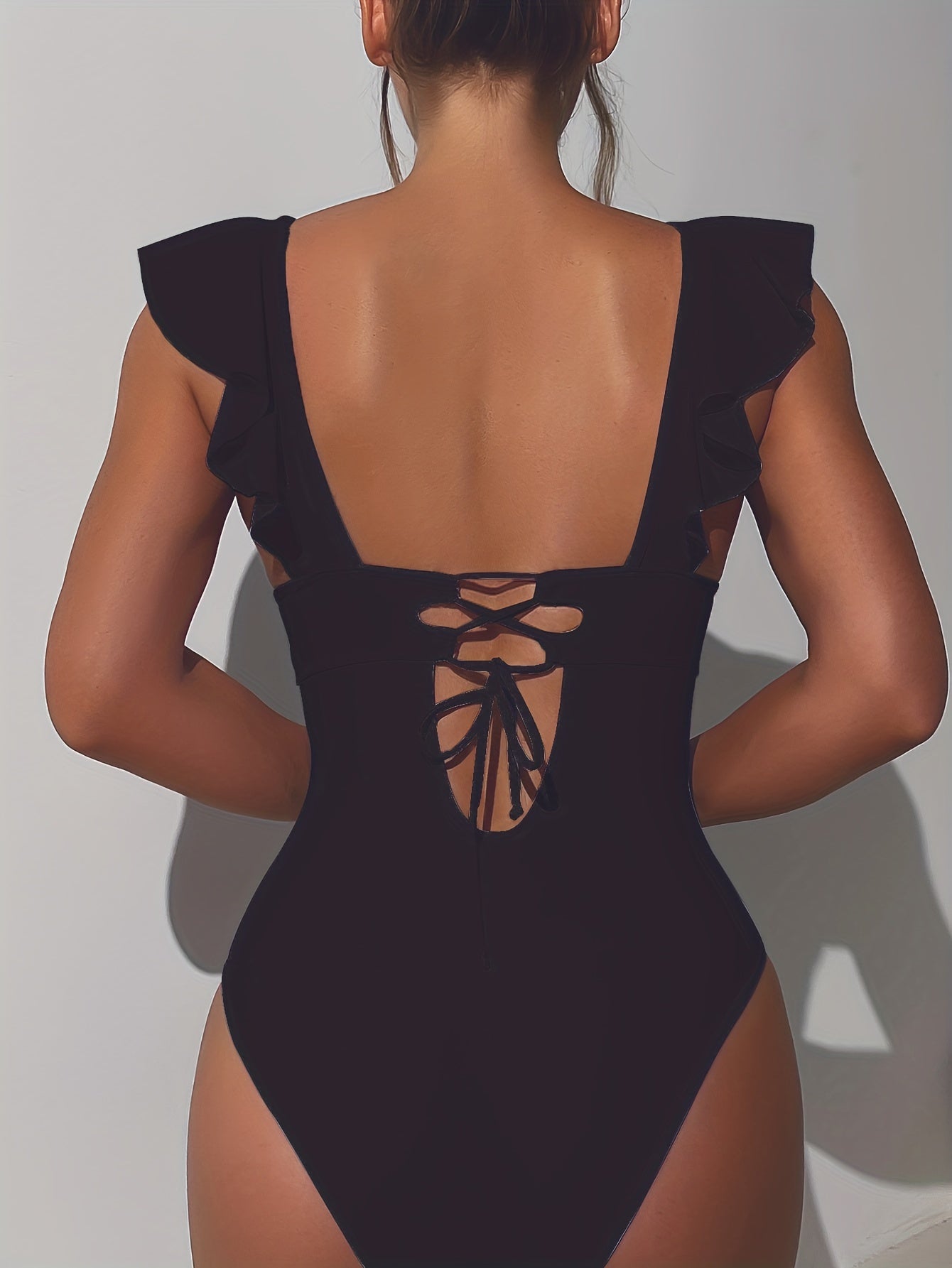 Ruffle Deep V Neck One Piece Swimsuit Lace Up Bathing Suit