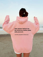 Slogan Print Drawstring Hoodie Casual Loose Hooded Warm Sweatshirt