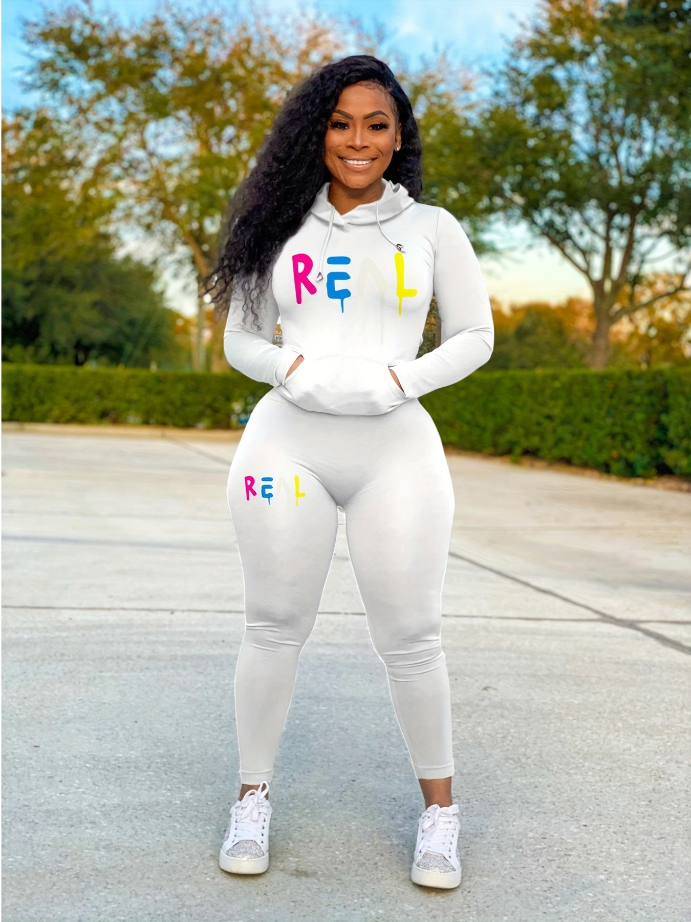 Colorful Letter Print Two piece Set Drawstring Hoodies & Pants