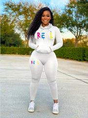 Colorful Letter Print Two piece Set Drawstring Hoodies & Pants