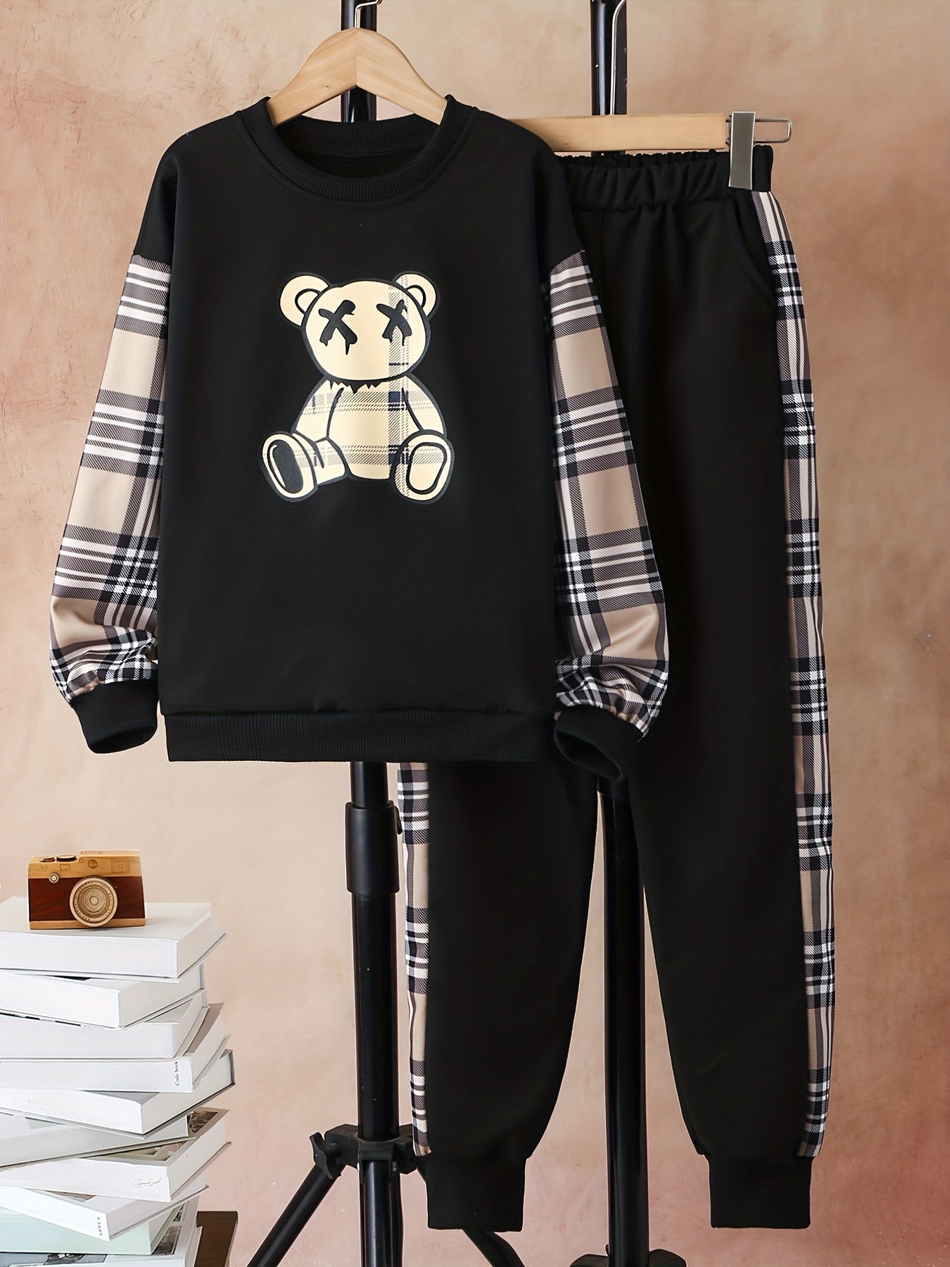 Plaid Bear Boy's 2pcs Sweatshirt & Sweatpants Set Street Style Outfits