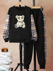 Plaid Bear Boy's 2pcs Sweatshirt & Sweatpants Set Street Style Outfits